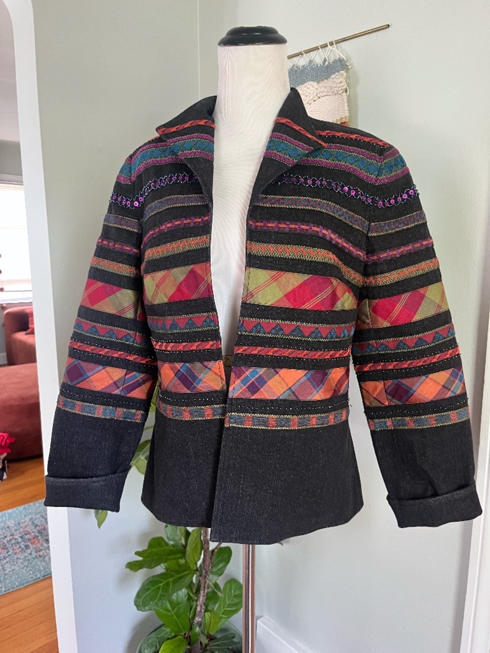 coldwater creek beaded Black denim blazer jacket sz 6